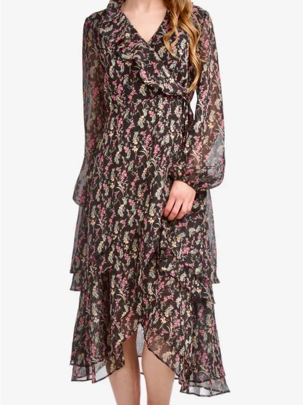 Papillon Blanc Black Floral Wrap Midi Dress with Pink & Cream Details